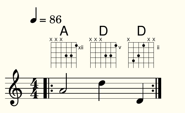 One measure of music marked to repeat "ad infinitum", at 86 beats per minute. The notes a, d and d appear, with guitar chord diagrams above the, also A, D, D. 