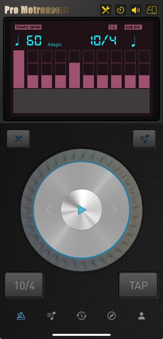 Pro Metronome app with settings for 4:6 regulated breath control. Tempo 60, time signature 10/4, subdivision quarter notes. There's a strong accent set on Beat 1, and a lesser accent on Beat 5.